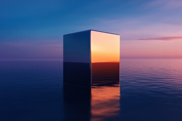 Aufkleber - Reflective monolith on calm ocean surface during sunset creating a surreal and modern atmosphere