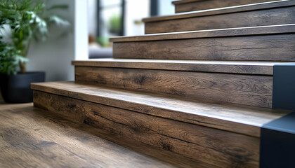 Poster - Close-up of wooden stairs leading upward in a modern interior setting.