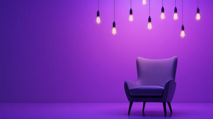 Wall Mural - A spotlight shines on a chair in a chic purple room. Hanging bulbs hang from the ceiling. The light gradually dims.