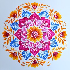 Wall Mural - Vibrant Hand-painted Floral Mandala in Pink, Orange, and Blue Hues.