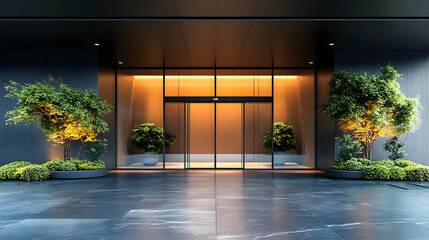 Poster - Modern entrance with glass doors, illuminated interior, and landscaped greenery.