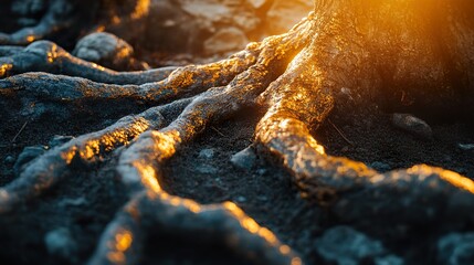 Wall Mural - Golden Tree Roots: A Nature's Embrace at Sunrise