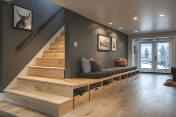 Poster - Modern interior featuring a staircase, seating area, and artwork on the walls.