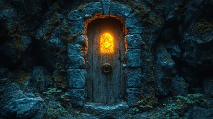 Poster - Glowing door in mossy stone archway.