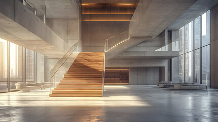 Poster - Modern interior featuring a wooden staircase and large windows, emphasizing natural light.