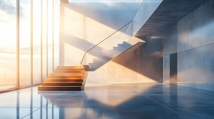 Aufkleber - Modern interior with a staircase and large windows, showcasing light and space.