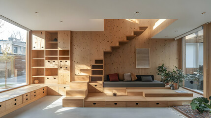 Poster - Modern wooden interior featuring a staircase and seating area with natural light.