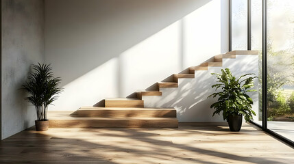 Aufkleber - Modern interior featuring wooden stairs and plants, illuminated by natural light.