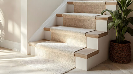 Poster - Cozy staircase with carpeted steps and a potted plant, enhancing home interior aesthetics.