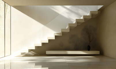 Poster - A minimalist interior featuring a staircase, bench, and a vase, illuminated by natural light.