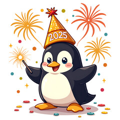 Canvas Print - Cheerful penguin celebrating new year with sparklers and fireworks in a festive atmosphere, digital illustration of character design concept.