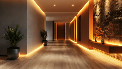 Poster - A modern hallway with warm lighting and decorative plants.