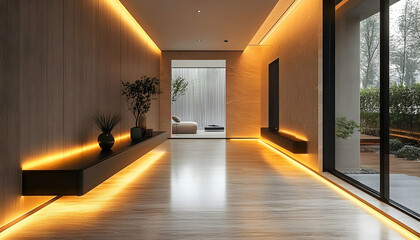 Poster - Modern hallway with warm lighting and minimalist design elements.