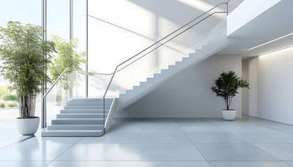 Aufkleber - Modern interior featuring a staircase, plants, and large windows for natural light.