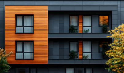 Poster - Modern architectural facade featuring wooden accents and large windows.