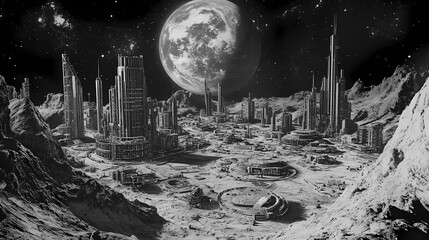 Wall Mural - sci-fi moon base with interconnected buildings, earth looming large in the distance, lunar surface f