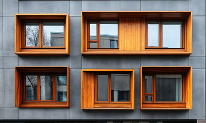 Poster - Modern building facade featuring wooden-framed windows in a geometric arrangement.