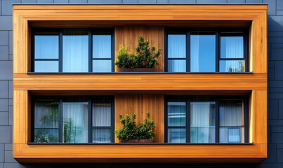 Poster - Modern building facade featuring wooden accents and window planters.
