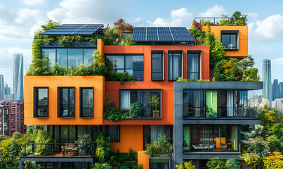 Poster - A modern building featuring greenery and solar panels, emphasizing sustainable architecture.