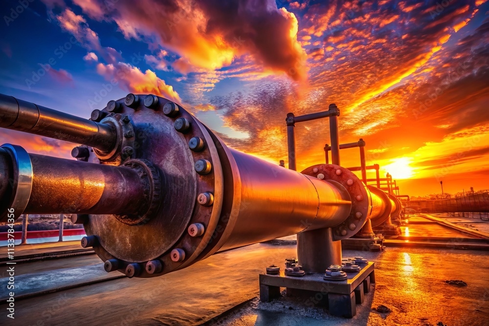 Silhouette Industrial Pipe Coupling, Dramatic Sunset, Steel Factory ...