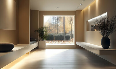 Aufkleber - A serene interior space with minimalistic design and a view of autumn foliage outside.