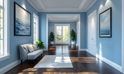 Aufkleber - A bright, modern hallway with artwork, plants, and natural light.