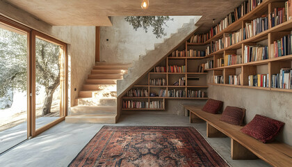 Aufkleber - A cozy reading space with bookshelves, a staircase, and natural light.