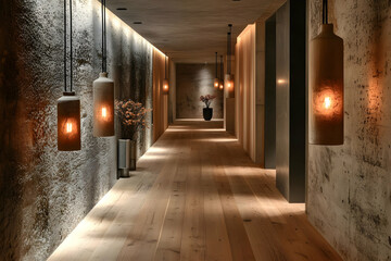 Poster - A modern hallway with warm lighting and decorative elements.
