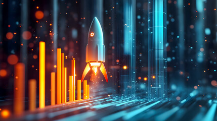 Poster - Creative illustration of a rocket launching over a futuristic digital landscape filled with glowing bars and abstract data visualizations