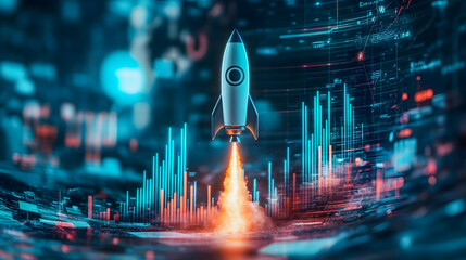 Poster - Futuristic Digital Rocket Launch Over Colorful Data Streams in Technology Innovation Concept with Financial Growth Visualization