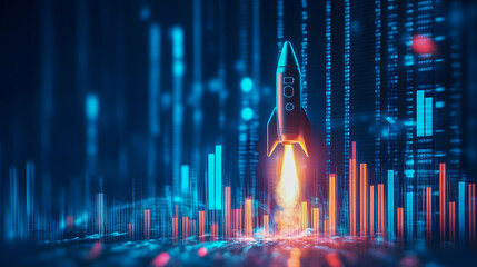Poster - Futuristic Rocket Taking Off Against Digital Background with Data Streams and Colorful Bars Representing Growth and Innovation in Technology