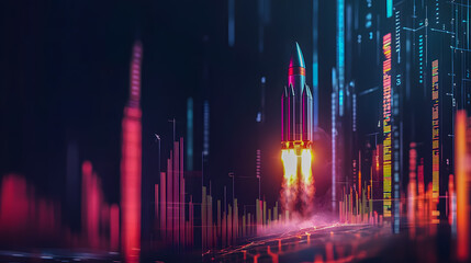 Poster - Futuristic rocket launch with glowing data visualization and dynamic graphs representing technological advancement and exploration in space