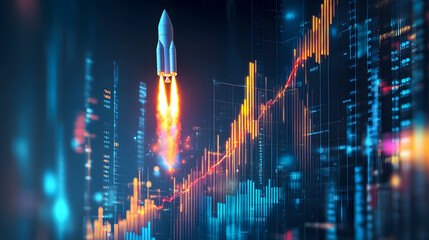Poster - Rocket Launch with Digital Data Visualization Representing Growth and Technology in a Futuristic Cityscape