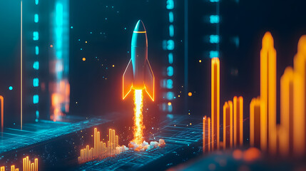 Poster - Futuristic Rocket Launching into Space with Glowing Data Visualizations and Bright Flames in a High-Tech Digital Environment