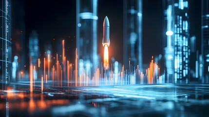 Poster - Futuristic Rocket Launch in a Digital Cityscape with Neon Lights and Sound Waves Representing Innovation and Technology Advancement