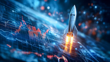 Poster - Rocket Launching into Space with Colorful Digital Background Featuring Data Charts and Dynamic Effects