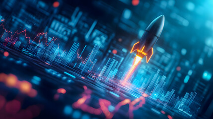 Poster - Futuristic rocket launching in a high-tech cityscape with digital graphs and neon lights symbolizing growth and innovation in space technology