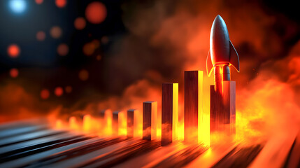Poster - rocket launching from bar graph with fiery background creating a dynamic business growth concept in 