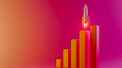 Poster - Abstract Concept of Business Growth with Rocket Launching and Bar Graph Against Vibrant Background