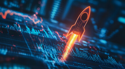 Poster - Futuristic Rocket Launching with Vibrant Flames Against Dark Financial Graph Background in a High-Tech Digital Landscape