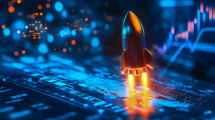 Poster - Futuristic Rocket Launching from Digital Interface with Glowing Lights and Data Visualization in Background