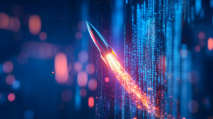 Poster - Futuristic Rocket Launching in Digital Space with Glowing Lights and Motion Trails, Representing Technology and Innovation in Modern Design