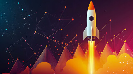 Poster - Colorful rocket launch illustration with abstract geometric background representing innovation, technology, and space exploration
