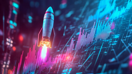 Poster - Futuristic Rocket Launching into Space with Data Visualization Elements and Neon Colors Representing Innovation and Technology Trends