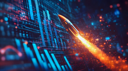 Poster - Vibrant Digital Rocket Launch with Fire Trails Against Data Visualization Background for Technology and Innovation Concepts