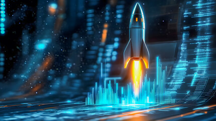 Poster - Futuristic Rocket Launching in Digital Space with Glowing Data Graphs and Bright Lights