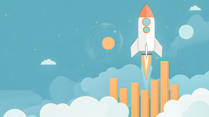 Poster - Illustration of a rocket launching into the sky with clouds and bar charts representing growth, innovation, and aspiration in a vibrant blue background