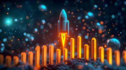 Poster - Futuristic Rocket Launch with Abstract Background and Glowing Elements in Space, Symbolizing Adventure and Innovation in Technology