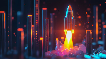 Poster - Futuristic Rocket Launching in Neon Environment with Glowing Particles and Abstract City Landscape in Background