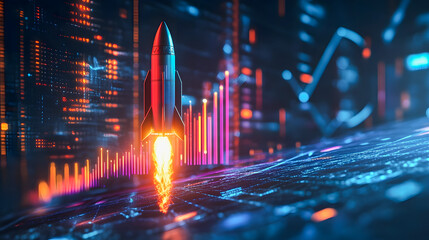 Poster - Futuristic Rocket Launching with Vibrant Data Visualization and Digital Elements in Background for Innovation and Technology Concepts